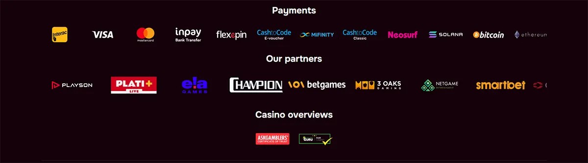 Footer section showing payment logos, partner/provider logos, and casino review badges on a dark background, including Interac, Visa, Mastercard, Inpay, flexepin, CashtoCode, MiFinity, Neosurf, Solana, Bitcoin, Ethereum, Playson, PLATI+, ELA Games, Champion, BetGames, 3 Oaks Gaming, Netgame, Smartbet, AskGamblers, and Guru.