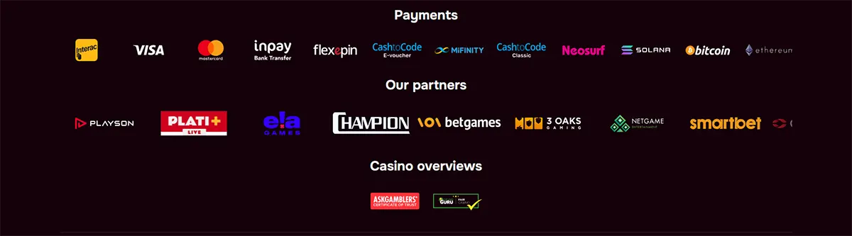 Footer section showing payment logos, partner/provider logos, and casino review badges on a dark background, including Interac, Visa, Mastercard, Inpay, flexepin, CashtoCode, MiFinity, Neosurf, Solana, Bitcoin, Ethereum, Playson, PLATI+, ELA Games, Champion, BetGames, 3 Oaks Gaming, Netgame, Smartbet, AskGamblers, and Guru.