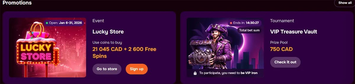 Casino promotions section featuring a Lucky Store event with 21,045 CAD and 2,600 free spins, alongside a VIP Treasure Vault tournament card with a 750 CAD prize pool on a dark purple background.