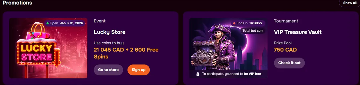 Casino promotions section featuring a Lucky Store event with 21,045 CAD and 2,600 free spins, alongside a VIP Treasure Vault tournament card with a 750 CAD prize pool on a dark purple background.