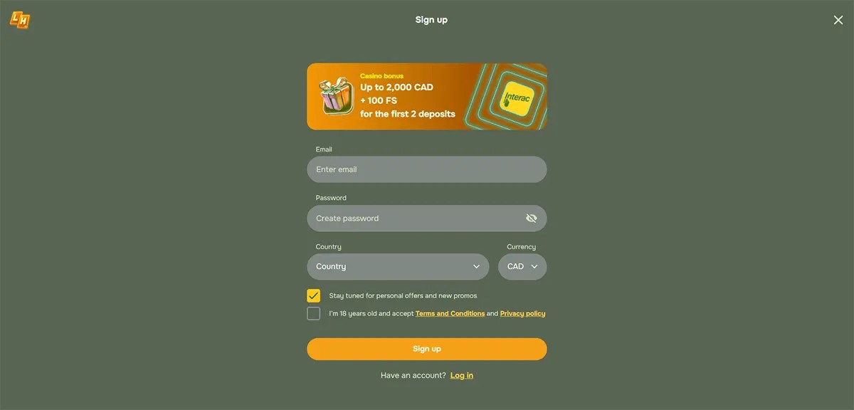 Casino sign-up page with a bonus banner offering up to 2,000 CAD and 100 free spins, plus email, password, country, and currency fields on a muted green background.
